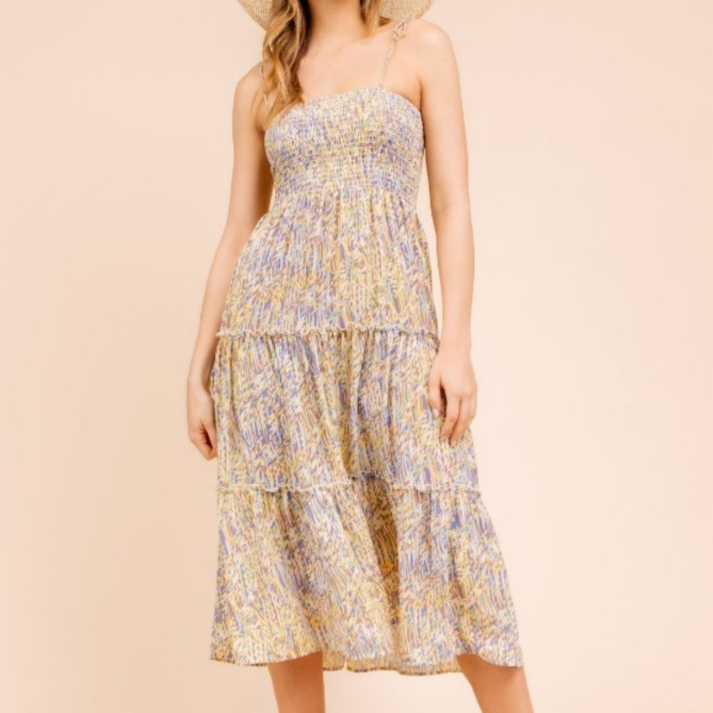 Abstract Leaf Floral Print Tiered Midi Dress - Picture 1 of 10